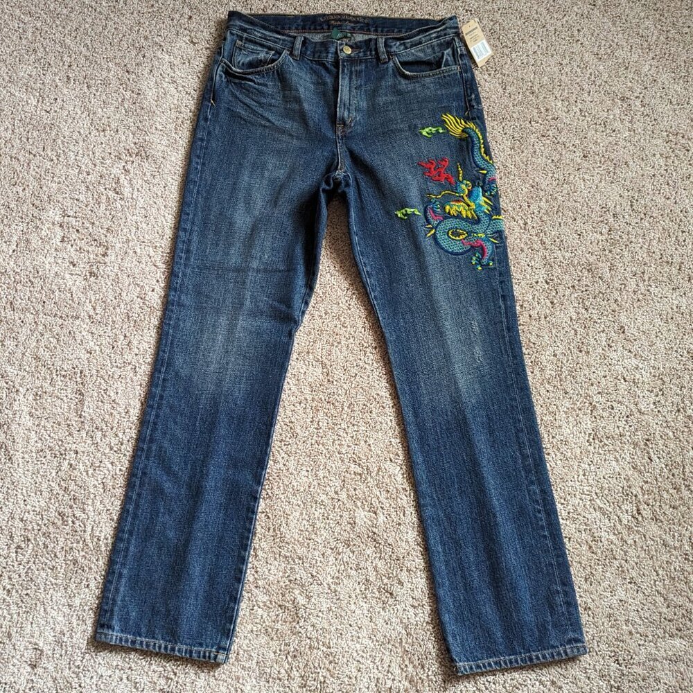 Ralph Lauren Gold Label Jeans Womens 10 Blue Chinese Dragon Embroidered NWT